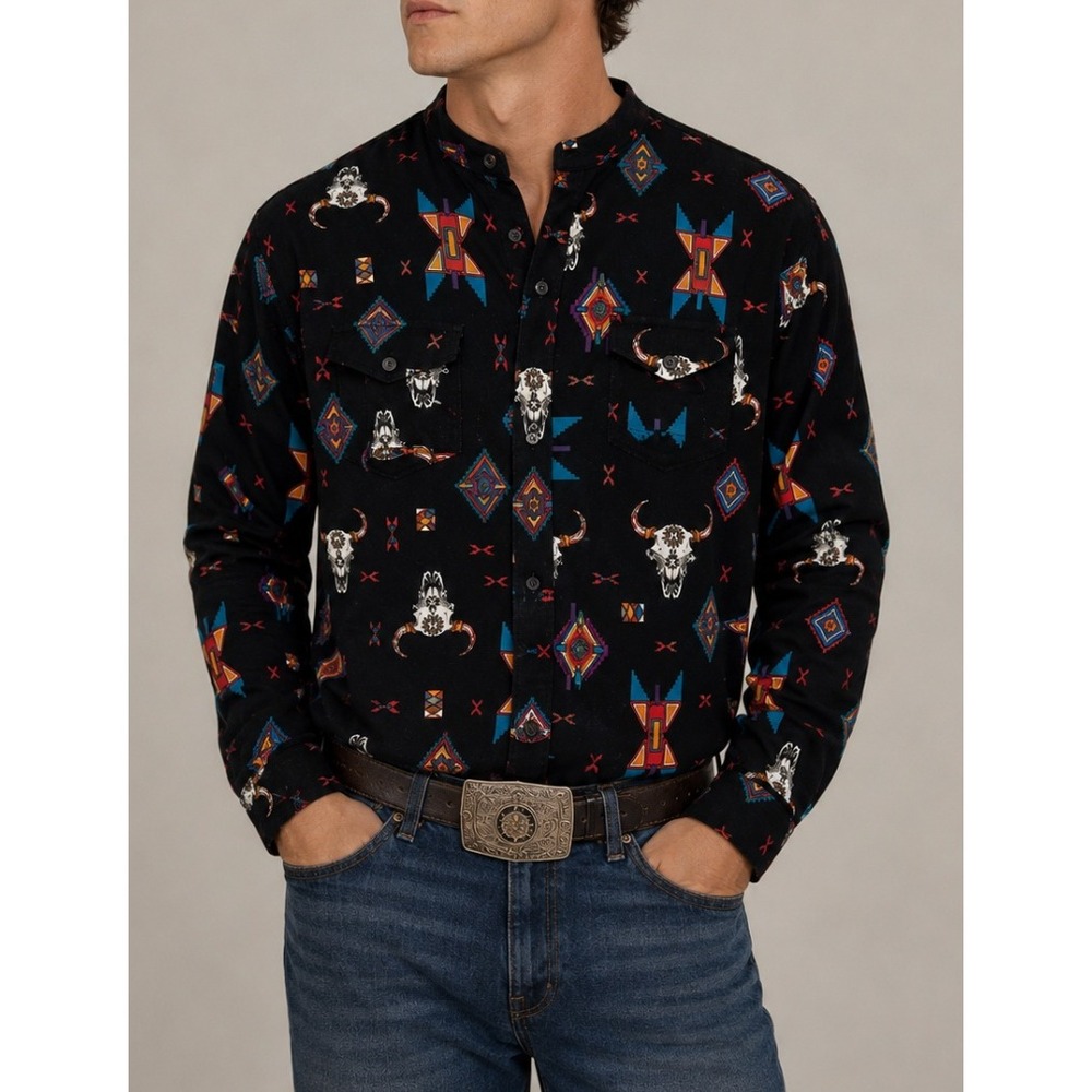 Wrangler Cowboy Cut Tall Mens Shirt Black Southwestern‎ Steer Skull ALTERED XL